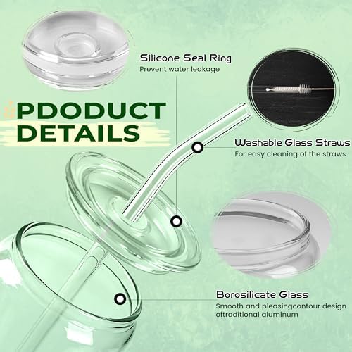 Joyclub 2pcs Glass Cups with Acrylic Lids and Straws 20 oz Drinking