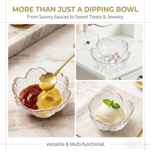 3.3“ Small Sakura Dipping Bowls Set with Gold Spoons,Clear Glass Sauce