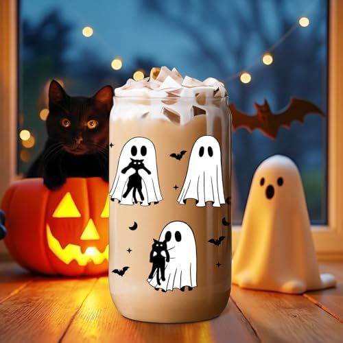 Coolife Halloween Ghost Black Cat Iced Coffee Cup, Spooky Glass