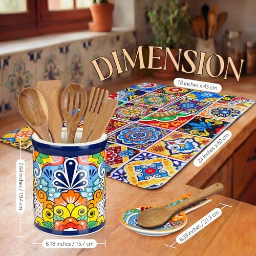 Talavera Utensil Holder Large, Spoon Rest & Drying Mat, Colorful
