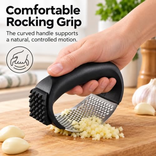 Garlic Press Rocker, 304 Stainless Steel Crusher Set, 3-Piece,Black