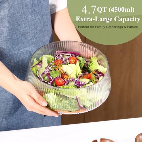 Extra Large Salad Bowl Set with Wood Base, Ribbed Glass Salad Bowl