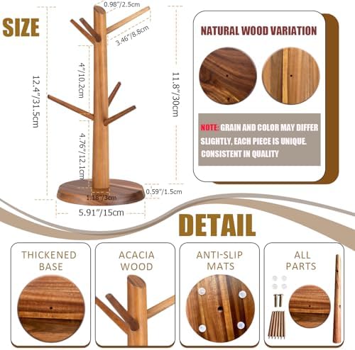 Coffee Mug Tree 6-Hook,Acacia Wood Mug Holder Countertop