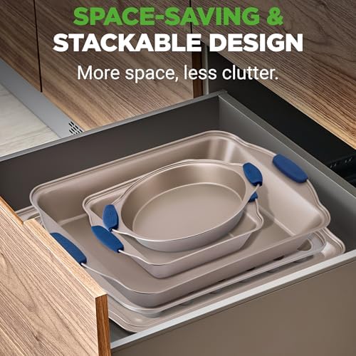 NutriChef 10-Piece Nonstick Bakeware Set - Premium Carbon Steel Baking Pan Set w/Heatsafe Silicone Handles, Includes Pizza Crisper, Loaf Pan, 12 & 24 Cup Muffin Pans, Cake Pans, Cookie Sheets