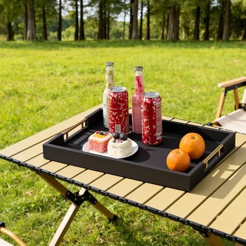 Rectangular 18×14 Inch Black Wood Ottoman Serving Tray with Metal