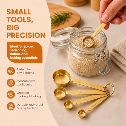 Gold Measuring Cups and Spoons Set, 8 Piece Stainless Steel Measuring