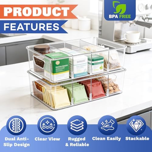Stackable 4-Compartment Pantry Storage Bins, 2-Pack