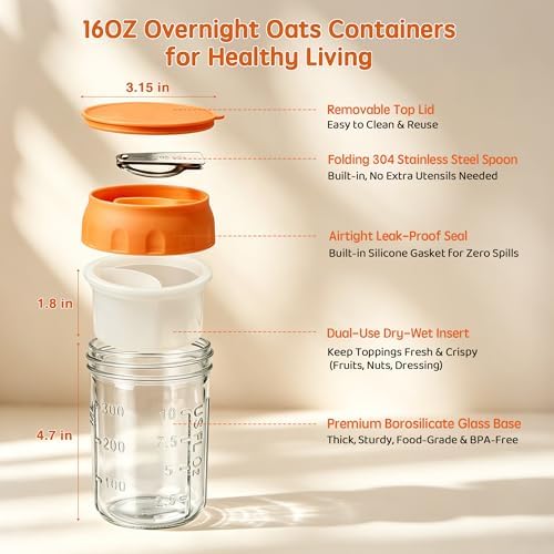 16oz Overnight Oats Containers with Lids & Folding Spoons, 4 Pack