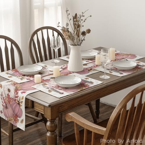 Artoid Mode Pink Pumpkin Maple Leaf Fall Placemats Set of 4-12