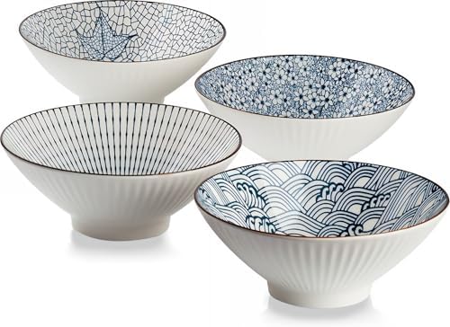 QINLANG 38 oz Japanese Ramen Bowls, Ceramic Set of 4 for Cereal, Soup
