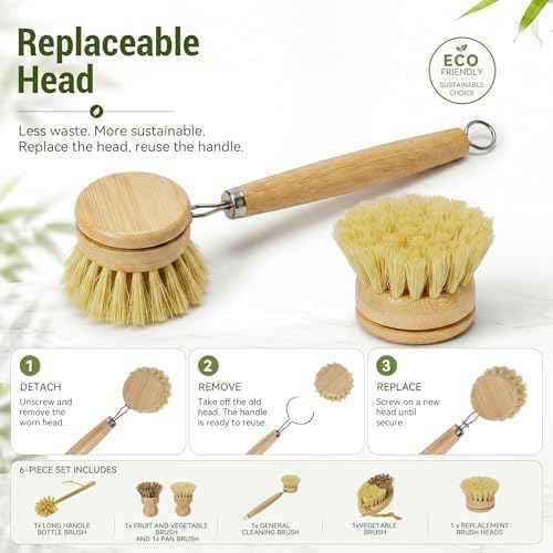 DEBETOOL 6-Piece Bamboo Dish Brush Set