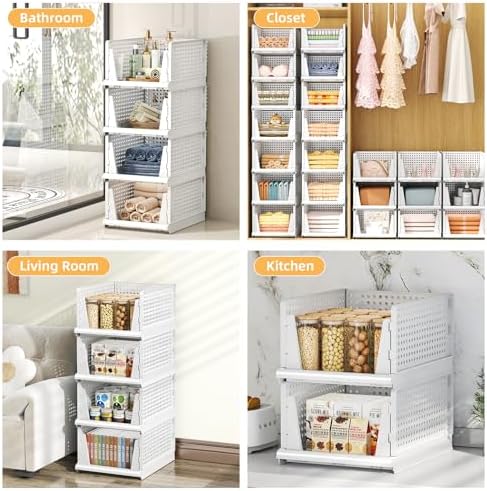 5 Packs Stackable Plastic Storage Basket for Closet Foldable Closet