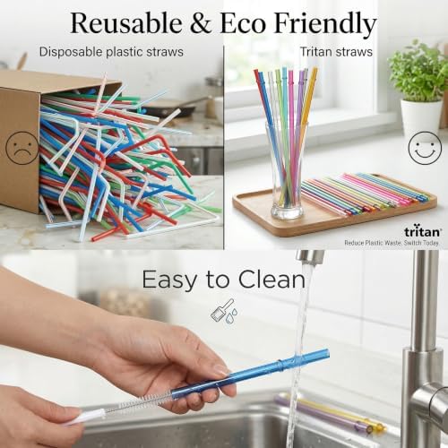24 PCS Reusable Straws with 4 Brushes, 10.5" Long Tritan Hard Plastic