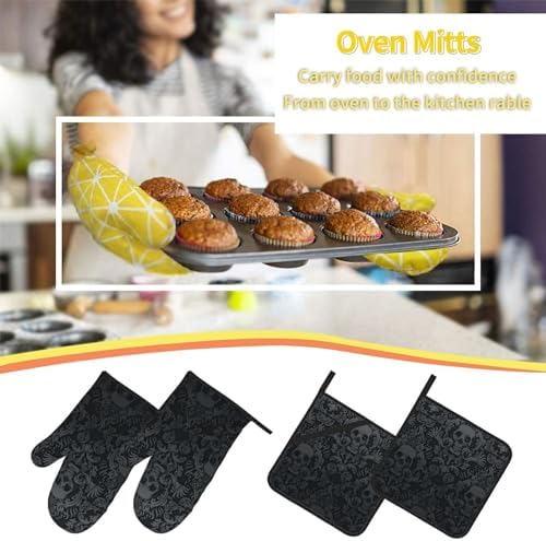 Victorian Gothic Black Skull Damask Oven Mitts and Pot Holders Sets of