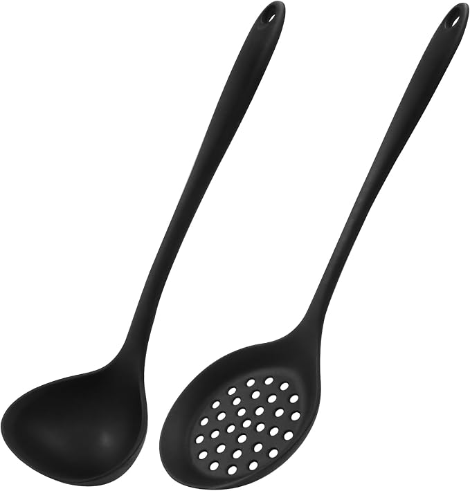 Jiozermi Silicone Soup Ladle and Slotted Spoon Set of 2, Heat Resistant Utensils by Jiozermi