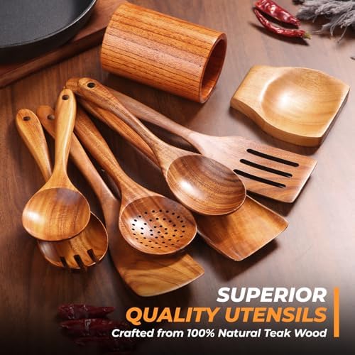 AIUHI Teak Wood Cooking Utensils Set, 9 Pieces Non-Toxic Wooden