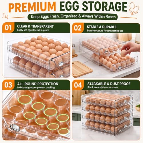 60 Egg Holder for Fridge Clear 2 Layers Egg Tray with Date Tracker