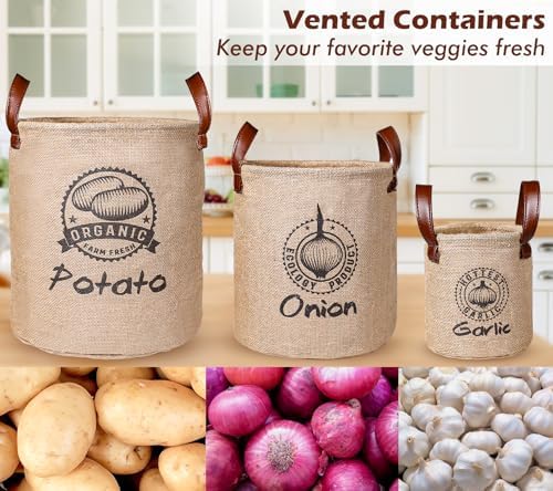 Kamehame Potato and Onion Storage Baskets Pack of 3, Lined Burlap
