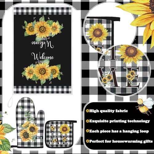 Leinuosen 8 Pcs Sunflower Plaid Kitchen Towels Dishcloths Accessories