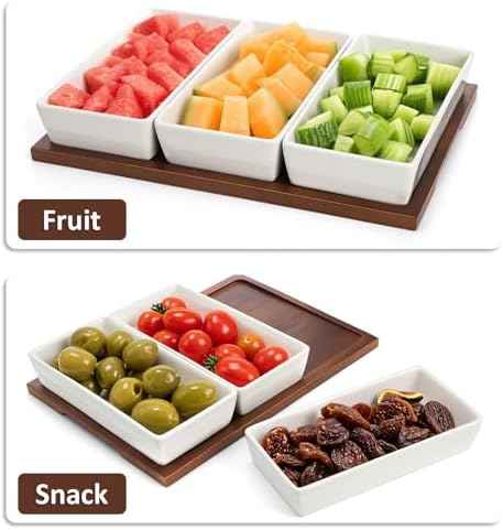 Elsjoy 3-Section Serving Tray, Wood Divided Serving Dish with Ceramic Bowls, 3-Compartment Food Platter Dipping Tray for Appetizer, Fruits, Bread