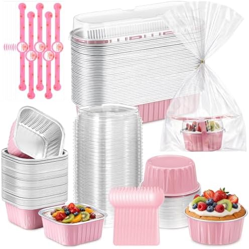 150 Set Pink Mini Cake Pans with Lids, 6.8oz & 5oz Aluminum Foil