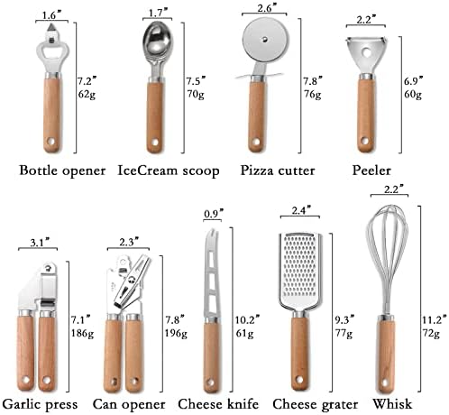 9pcs Kitchen Gadget Set with Wooden Handle, Stainless Steel Cooking