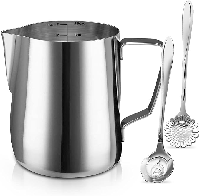Milk Frothing Pitcher Cup, 12oz/350ML Milk Frother Cup Stainless Steel Steaming by SIKEMAY