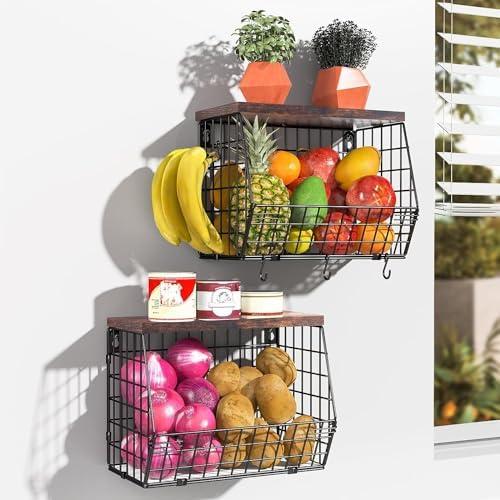 Wawocs Fruit Basket for Kitchen Counter 2 Tier Fruit Bowl, Stackable