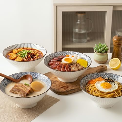 QINLANG 38 oz Japanese Ramen Bowls, Ceramic Set of 4 for Cereal, Soup