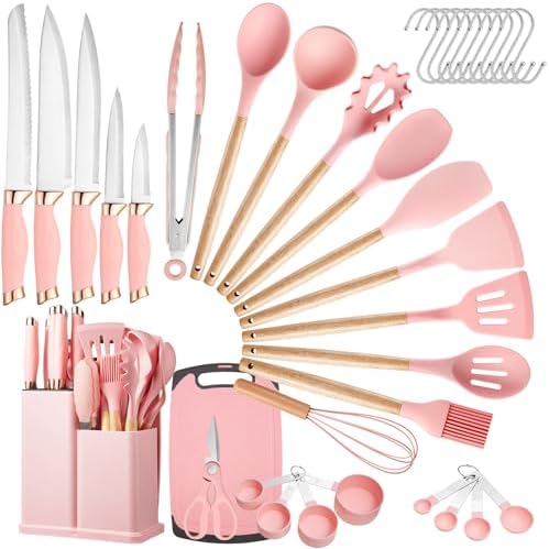 Kitchen Utensils and Knife Set, 37 Piece, Pink