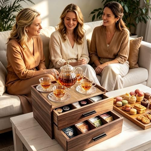 Wood Tea Bag Organizer with Double Drawer, Coffee and Tea Station