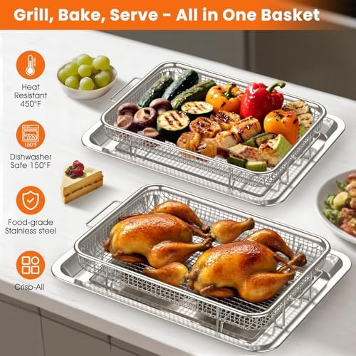 304 Stainless Steel Air Fryer Basket for Oven 2 Pack Crisper Tray Mesh