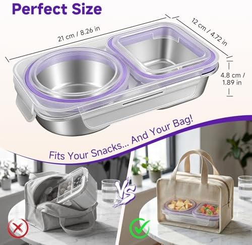 Stainless Steel Snack Containers with Lid, Reusable 2 Compartment