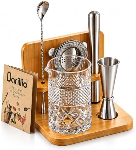 Barillio 24 Oz Crystal Cocktail Mixing Glass with Bamboo Stand & Bar