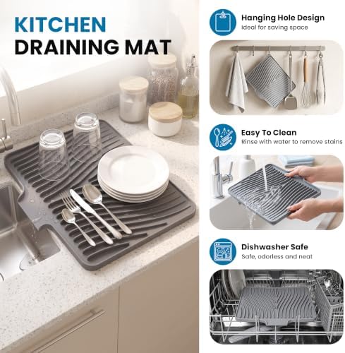Silicone Dish Drying Mat, 16"x 13.7" Kitchen Drying Mat with Built-in