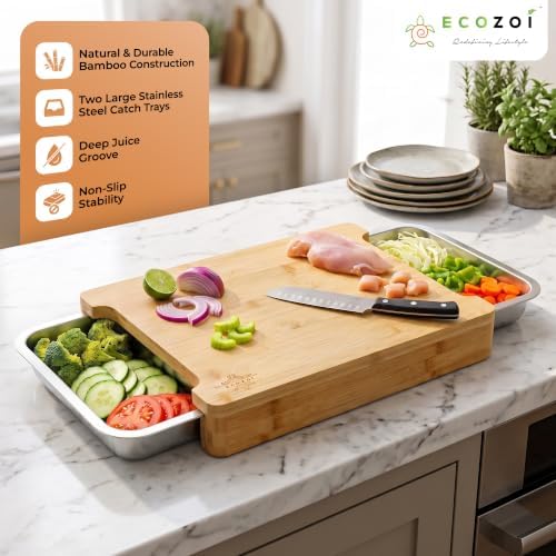 Bamboo Cutting Board by Ecozoi with 2 Slide Out Drawers. Keep Meal
