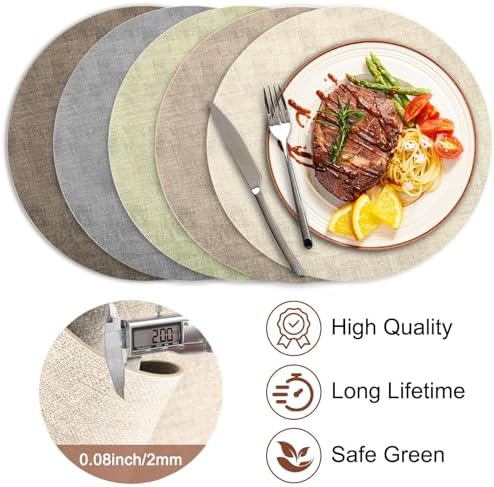 Round Faux Leather Placemats and Coasters, Set of 4, Reversible Heat