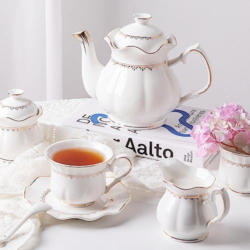 Sweejar Porcelain Tea Set With Gold Trim - Ceramic Tea pot and Sugar &