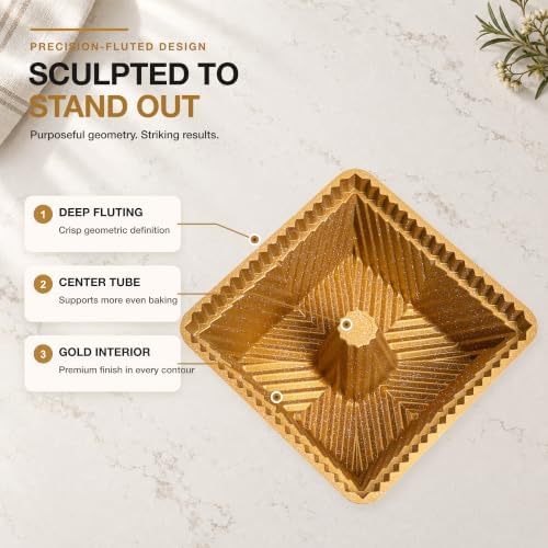Square Fluted Tube Cake Pan, 10-Cup Compact Size, Dual-Tone Gold &
