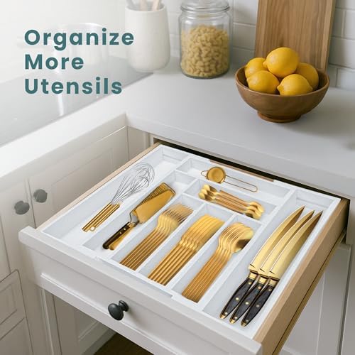 Sben Bamboo Cutlery Drawer Organizer, White, Medium