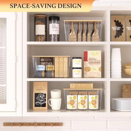 CiWiVOKi 6 Pack Clear Stackable Storage Bins with Bamboo Lids, Trash