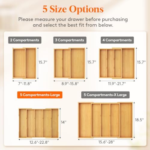 Lifewit Bamboo Utensil Organizer for Kitchen Drawer, Cooking Utensil