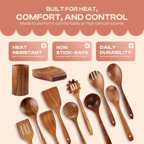 12-Piece Natural Teak Wood Utensil Set with Holder