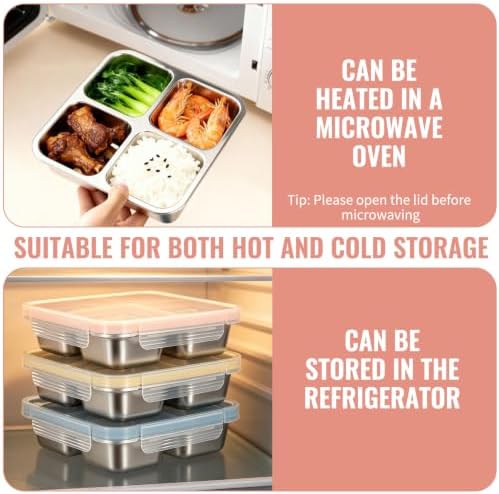6 Pack Stainless Steel Snack Containers with Lids, 4-Compartment