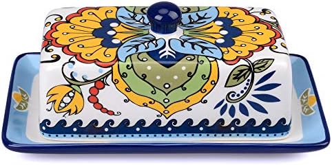 NAGU Hand Drawn Ceramic Butter Dish with Lid, Farmhouse Butter Plate