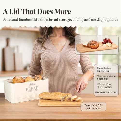 noonberry Metal Bread Box for Kitchen Countertop, Bamboo Lid, Farmhouse