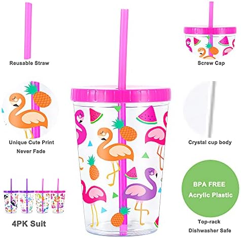 16oz Kids Tumbler Water Drinking Cup 4 Pack - BPA Free, Straw Lid Cup