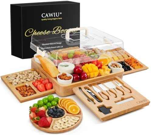 CAWIU Large Bamboo Charcuterie Board Set with Lid, Drawers, Cream