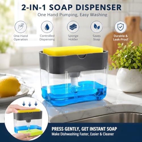 Countertop Kitchen Dish Soap Dispenser and Sponge Holder, 13 Ounces