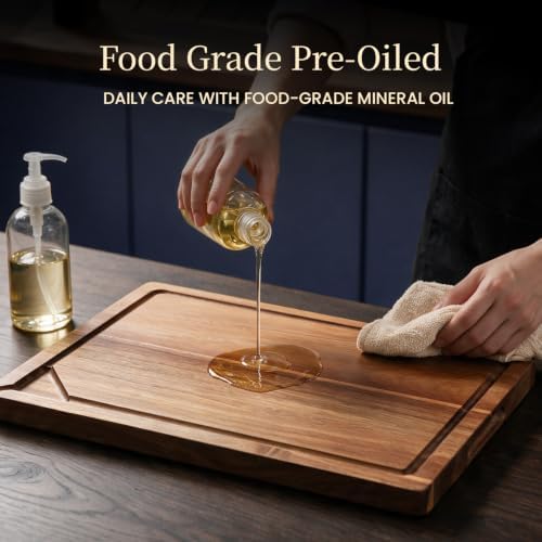 Kikcoin Food Safe Acacia Wood Cutting Board Set, Reversible Tray